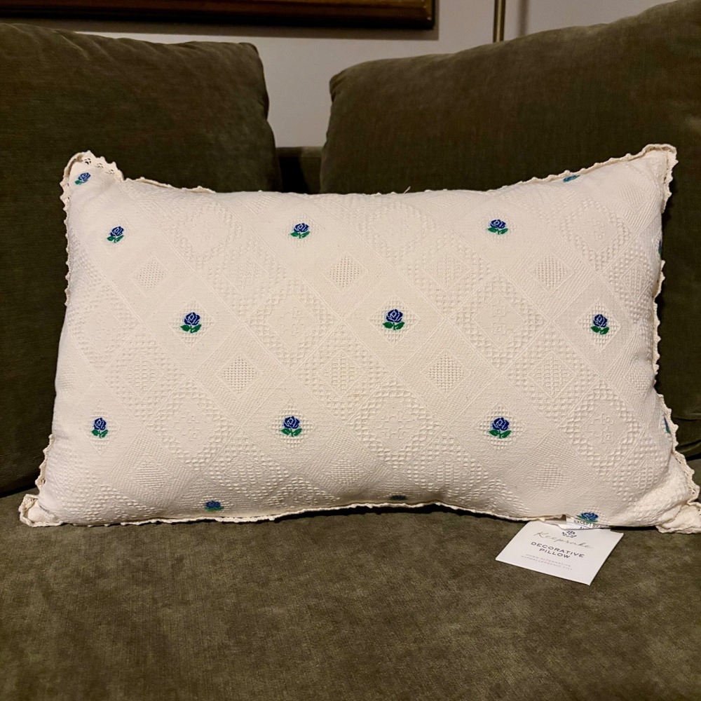 Keepsake Floral Cottage Blue Rose Matelasse Lace Trim Decor Pillow 24x14 NWT